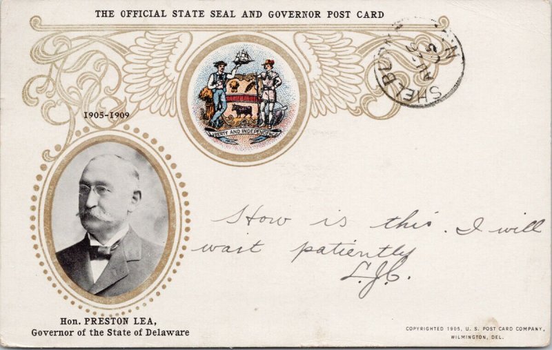 Governor Preston Lea of Delaware c1905 Official State Seal Postcard F11