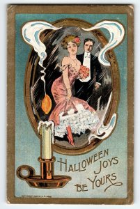 Halloween Postcard Victorian Women Lit Candle Oval Mirror Smoke HM Rose TRG 1909