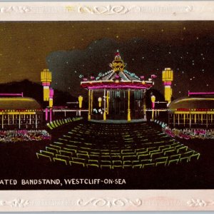 c1940s Westcliff On Sea, England Hand Colored Card Night Lights Bandstand A187