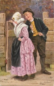 Ethnography topical vintage fine art postcard young love couple smile dress