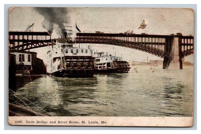 Vintage 1909 Postcard Paddleboats Under Eads Bridge River St. Louis Missouri