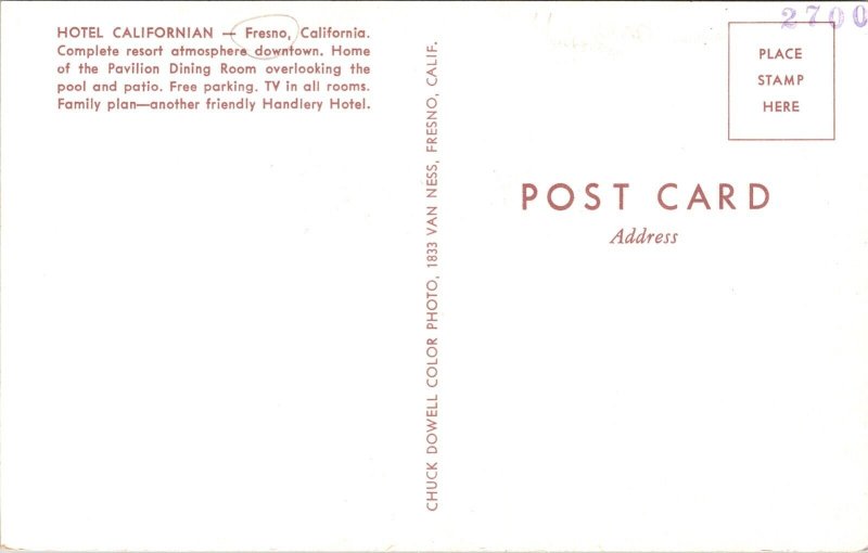 Postcard Swimming Pool at Hotel Californian in Fresno, California