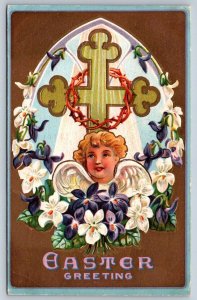Easter Greetings, Angel, Flowers, Cross, Antique 1909 Embossed Fantasy Postcard