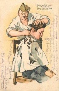 Military humor hairdresser caricature postcard Czechia 1936