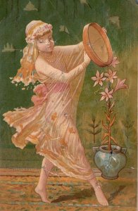 1880s-90s Young Girl Dancing In Yellow Flowing Dress Tambourine  Trade Card