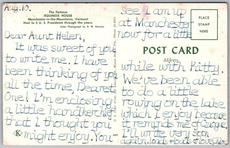 Vtg Manchester In The Mountains Vermont VT Equinox House 1960s View Postcard