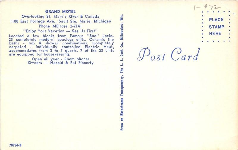 Sault Ste Marie Michigan~Grand Motel~Classic Cars in Parking Lot~1950s Postcard