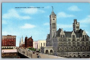 Union Station Train Depot Old Cars Cityscape Tower Nashville TN C1910 Postcard