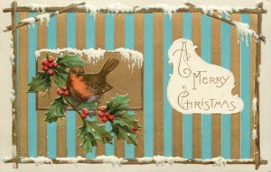 Embossed Christmas Postcard Robin Vignette Blue & Gold Wallpaper Background