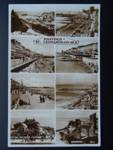 Sussex HASTINGS & ST LEONARDS ON SEA 8 Image Multiview c1940s RP Postcard