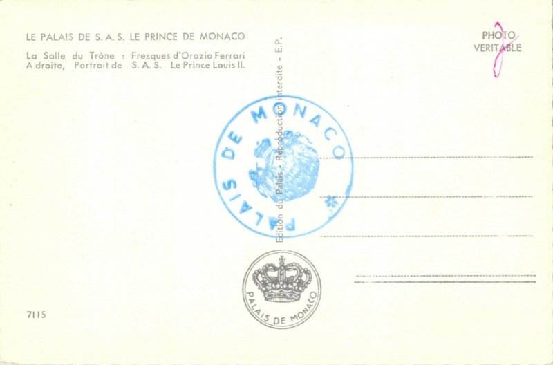 Vintage Postcard Palais de Monaco Palace of the Prince Official Seal Throne Room