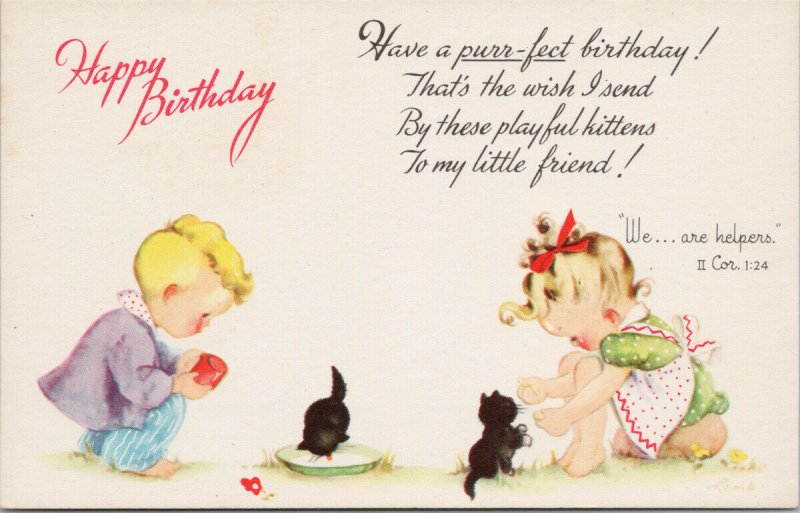 Happy Birthday Greeting Two Children Black Cats Kittens Unused Postcard F82
