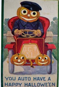 Halloween Postcard Fantasy Goblin Pumpkin Cab Car Driver JOL Headlights 1908 