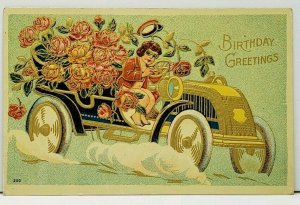 Birthday Cherub Like Robed Child Driving Golden Car to Lodi Wis Postcard I5