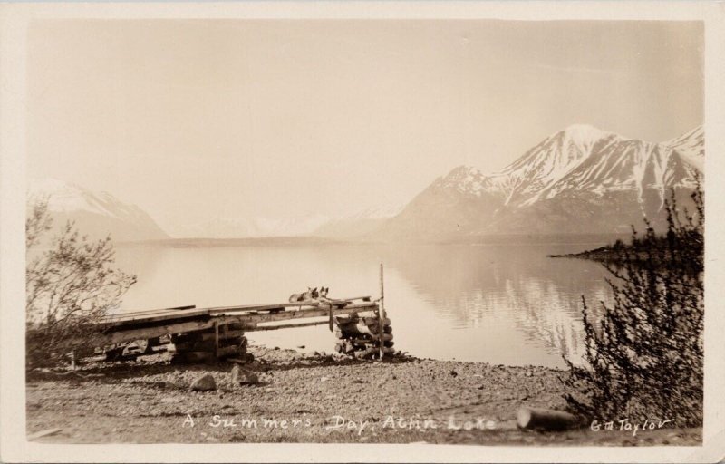 Atlin Lake BC A Summers Day Dogs on Dock GM Taylor RPPC Postcard H47