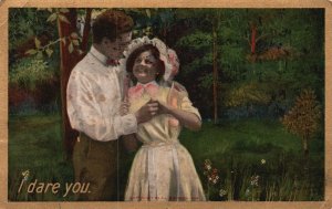 Vintage Postcard 1910'S Lovers Couple At The Park Big Smile Happy Romance