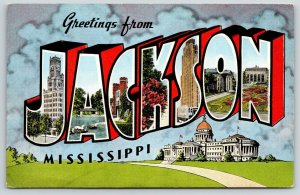 Jackson MS Large Letter Linen~ Billowing Clouds, State Capitol~Park, Bldgs 1940s