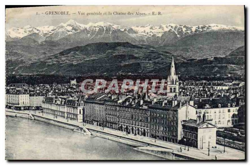 Old Postcard Grenoble General view and the Chaine des Alpes