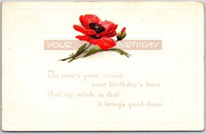 1917 Birthday Wishes Red Poppy Flower & A Bird Greetings Posted Postcard