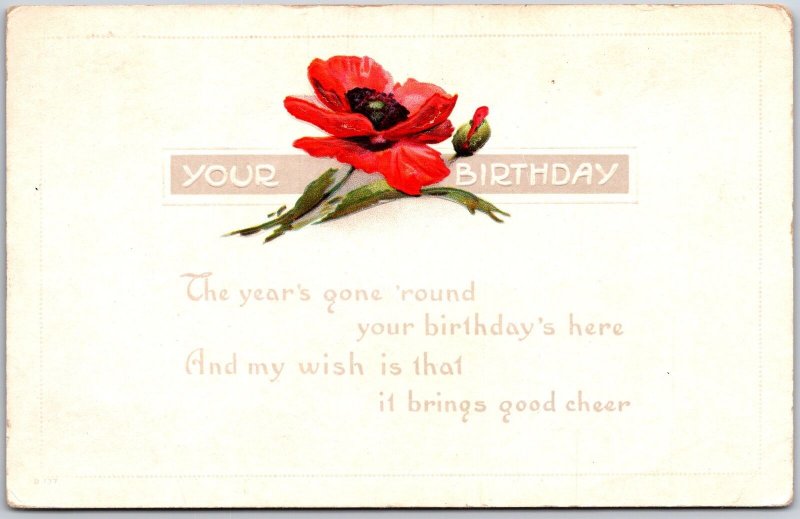 1917 Birthday Wishes Red Poppy Flower & A Bird Greetings Posted Postcard