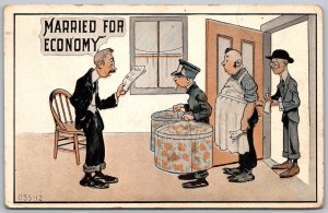 Married For Economy 1915 Comic Postcard Men Lined Up Giving Husband Bills