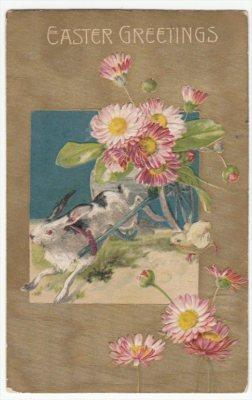 Rabbit Flowers & Chick 1908 Easter Greeting Postcard