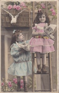 RP: Two girls with Doves & cage, Pink Roses Bushes, PU-1905 (2)