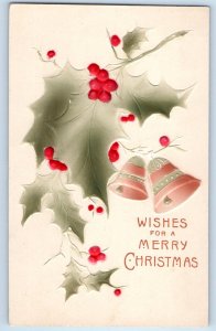 c1910's Christmas Holly Berries And Bells Airbrushed Embossed Antique Postcard