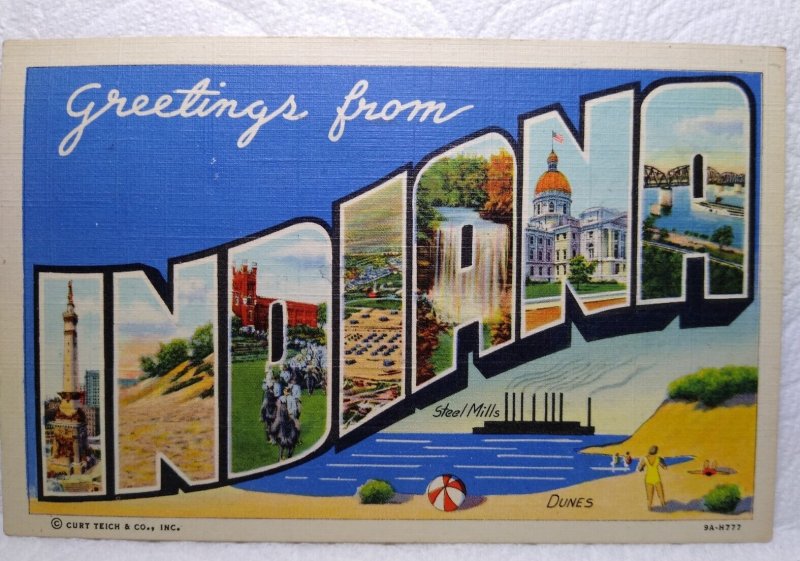 Greetings From Indiana Large Letter Postcard Linen Curt Teich Boat Steel Mills 