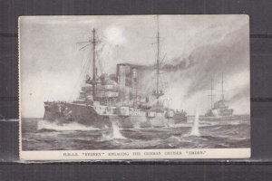AUSTRALIA, HMAS SYDNEY ENGAGING THE GERMAN CRUISER EMDEN, c1915 ppc., unused.
