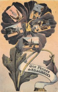 Une Pensée de N.D. de Lourdes, France Flower Multiview ca 1910s Vintage Postcard