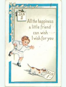 Pre-Linen new year CUTE PUPPY DOG BITES AT THE NEW CALENDAR k5276