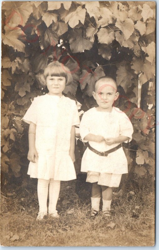 ID'd c1910s Outdoor Kids Boy Girl RPPC Real Photo Lillie Molly & Louis Hays A142