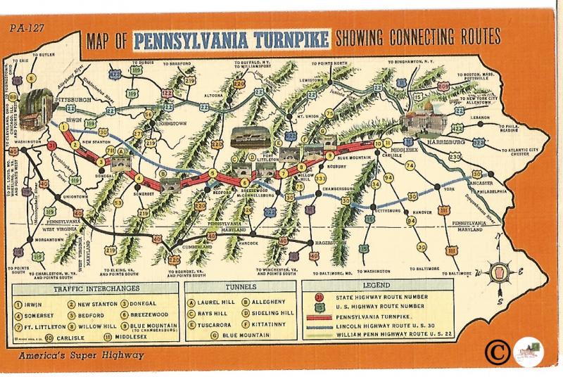 Pennsylvania Turnpike Map Standard Oil Company Vintage Postcard Linen Postcard