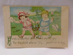 Vintage Post Card Birthday Wishes Adorable Girl & Boy Letter Flowers Poem P24