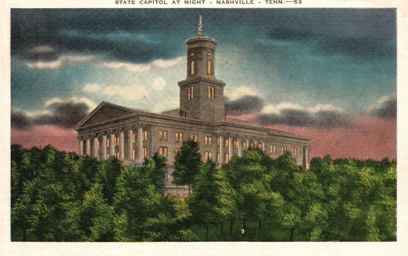 Vintage Postcard 1920's State Capitol Building At Night Nashville Tennessee TN C