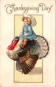 Thanksgiving Postcard Child Riding a Giant Turkey