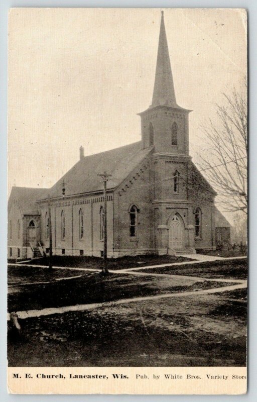 Lancaster Wisconsin~ME Church~Tall Steeple~1912 B&W Postcard