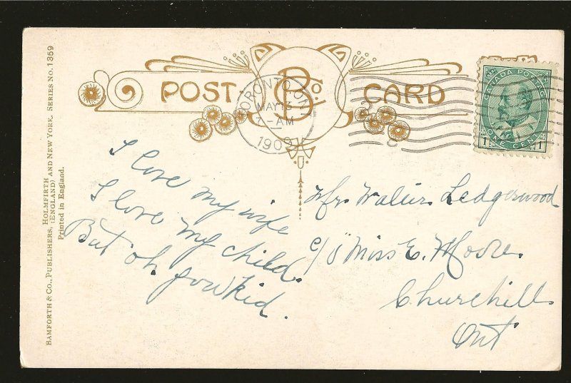 Bamforth & Co Coptright 1907 Lovers Kissing Color Postcard Posted Toronto 1909