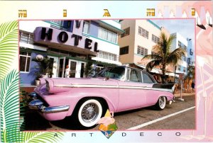 FL, Miami ART DECO STREET SCENE~Steve Vaughn HOTELS~PINK 50'S CAR 4X6 Postcard