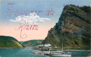 Germany navigation themed postcard Loreley Rhin paddle cruiser