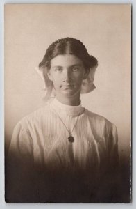 RPPC Lovely Young Woman Large Hair Bow Braids Portrait Postcard G25