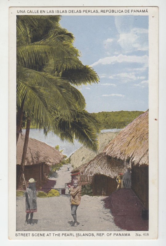 P2238 old postcard village people street scene at pearl islands panama,