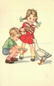 1950s Children duck rabbit Ejo artist artist impression Postcard 22-4595