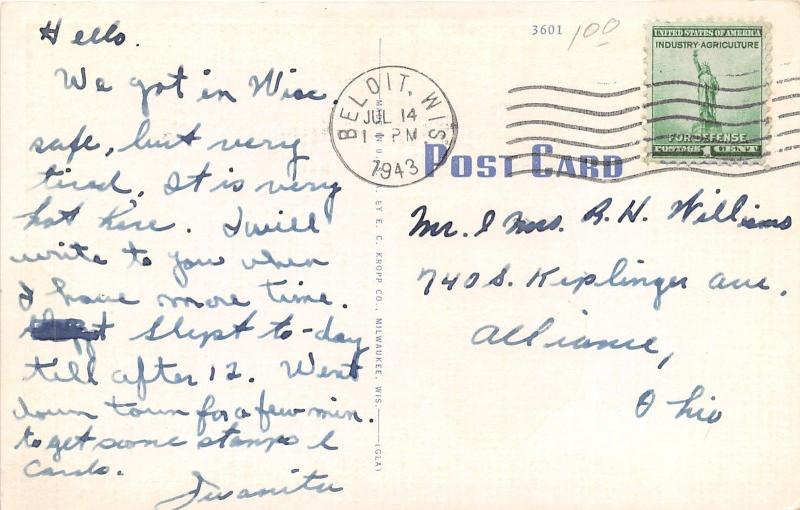 Beloit Wisconsin~Public Carnegie Library~House Background~1943 Postcard