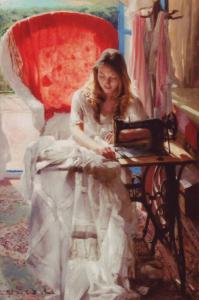 WOMAN & SEWING MACHINE Dress seamstress Shawl SEW ART ~ MODERN POSTCARD