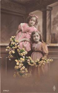2 Girls with flowers Child, People Photo Unused 