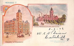 CHAMBER OF COMMERCE & TRAIN DEPOT MILWAUKEE WISCONSIN POSTCARD 1906
