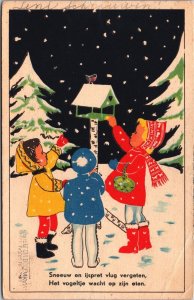 Happy New Year Kids And Bird Feeder Postcard 02.98