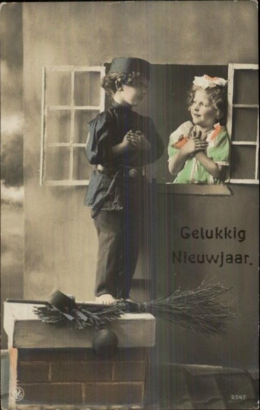 Dutch New Year - Kids Romance Little Boy Chimney Sweep Tinted RPPC c1910